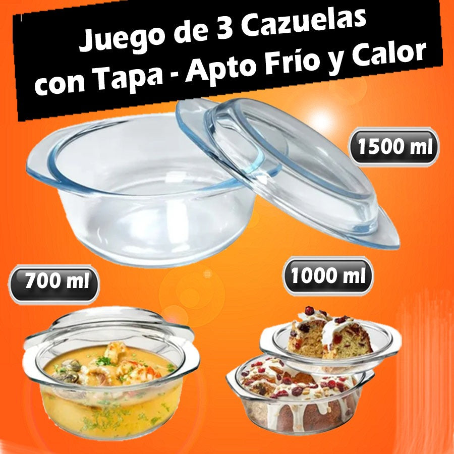 Juego de 3 Cazuelas con Tapa - Apto Frío y Calor