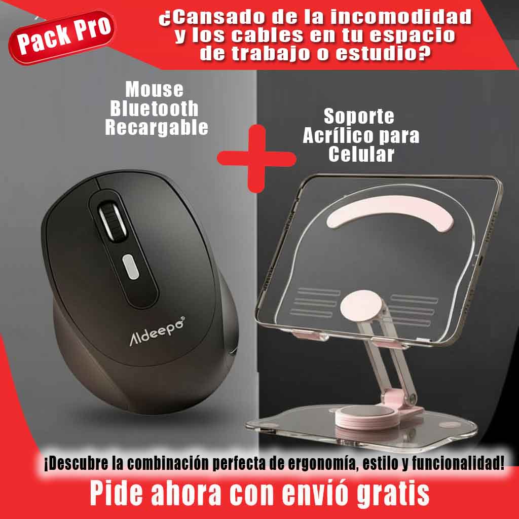 Pack Pro -Mouse Bluetooth Recargable + Soporte Acrílico para Celular